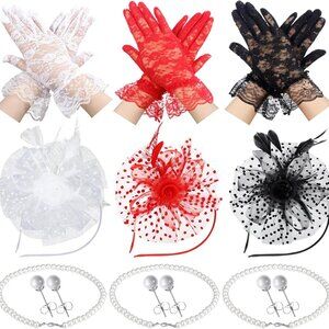 Women Fascinators Hat Set 12 Pcs Vintage Lace Gloves Pearl Jewelry Party Accesso